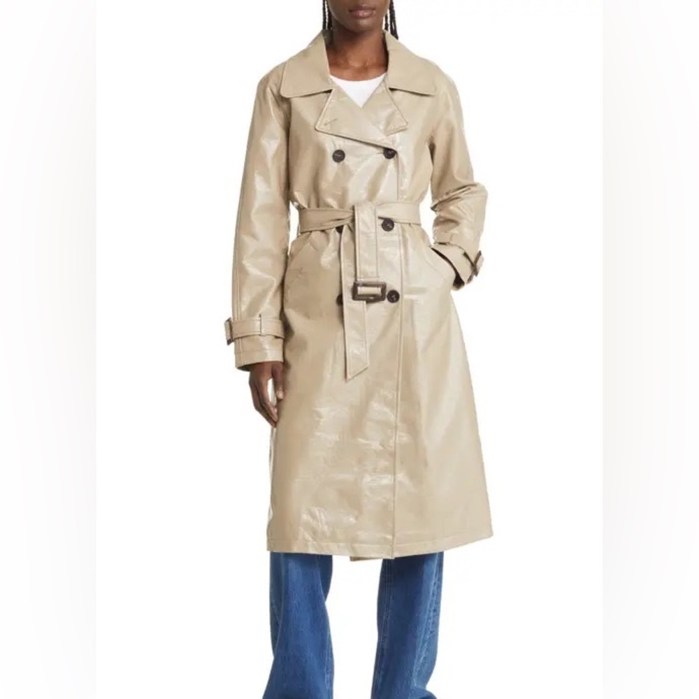 NWOT Apparis Double Breasted Faux Leather Trench Coat in Nougat